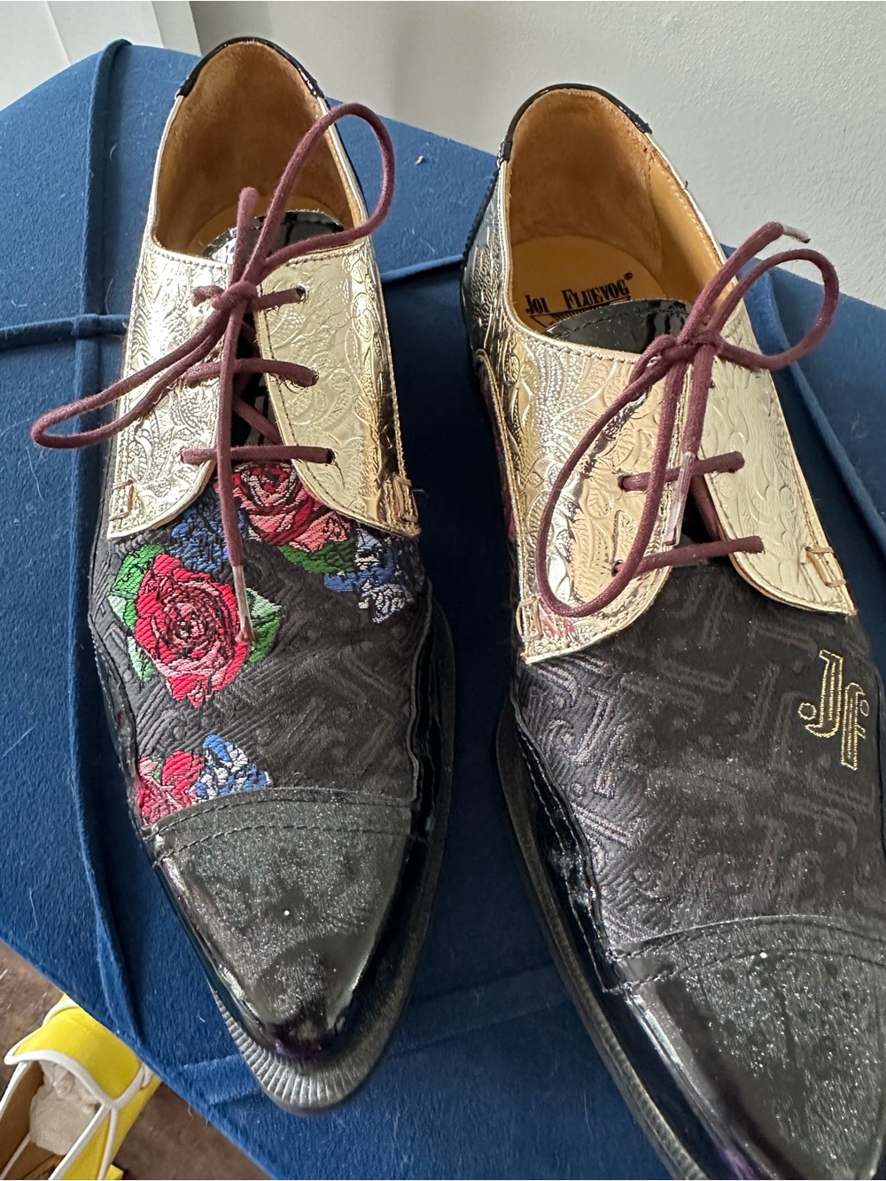John Fluevog Black Floral with Gold Accent Derby Oxfords